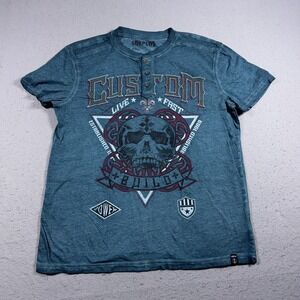 Surplus Shirt Mens Large Blue Skull Custom Build Henley Graphic Biker Moto Tee